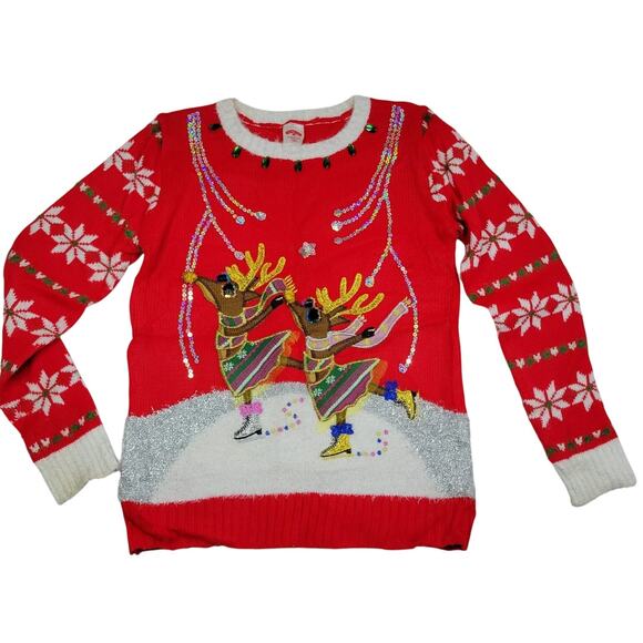 Holiday time 3D Embellished Christmas Sweater Skating Reindeer Girls L (10-12) - Picture 1 of 6